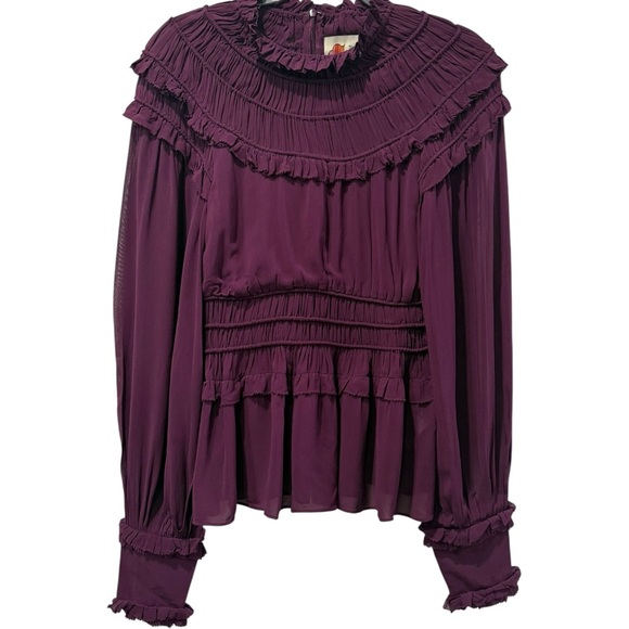 FARM RIO Ruffled Pleated Burgundy Purple Peplum Blouse Sheer Sleeve Top XS - Picture 4 of 9